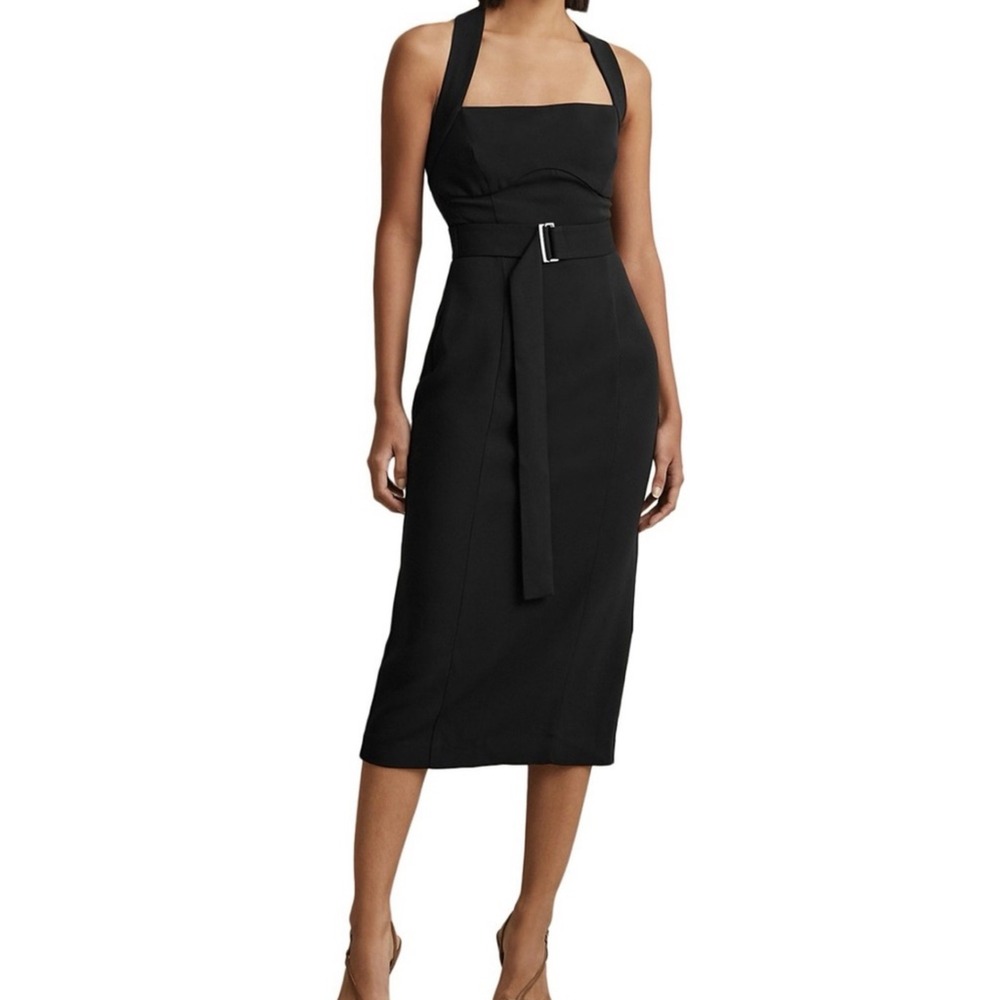 New! Reiss Nylah Cross Back Bodycon Midi Dress Black Strappy Back Belted sz 0